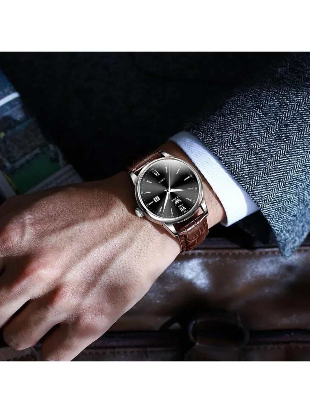 Men's Black Brown Leather Band Waterproof Relog Para Hombres Classic Wrist Watch
